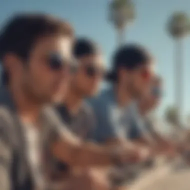 Community Conversation Around New Balance Sunglasses A group of skateboarders discussing their favorite accessories, including sunglasses