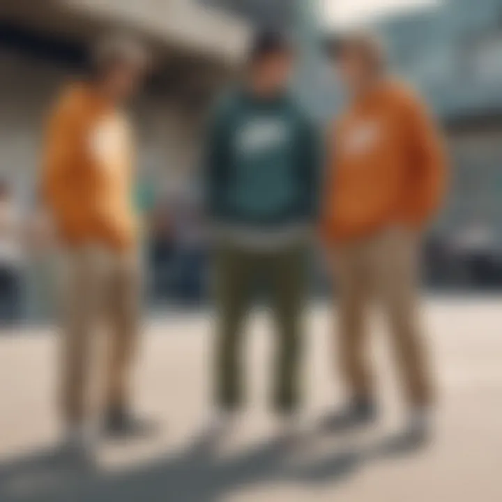 Group of skateboarders discussing style and fashion in a skate park