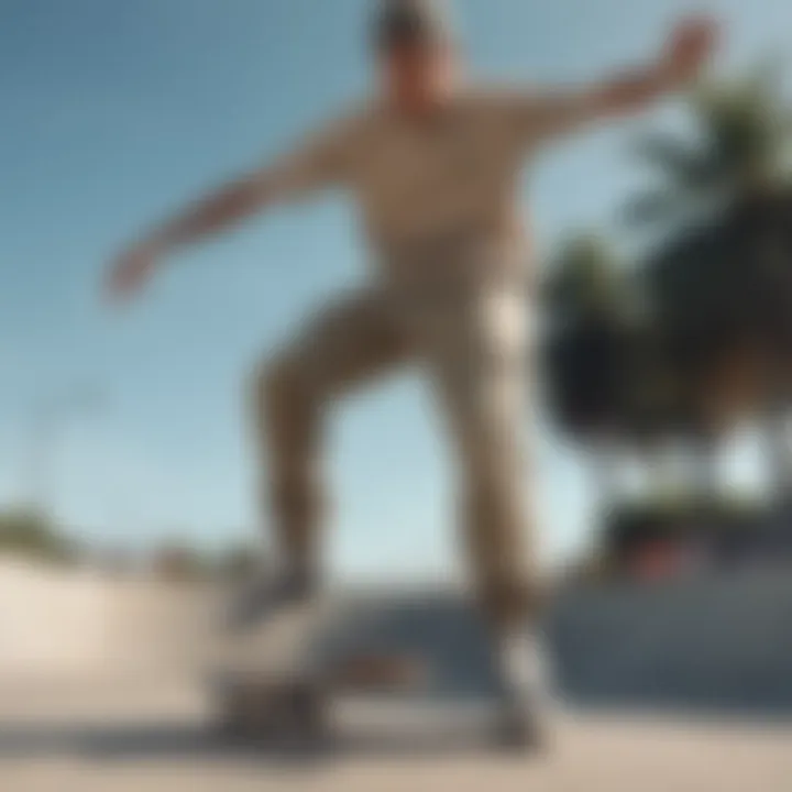 Skateboarder wearing Nike khaki sweatpants performing a trick at a skate park