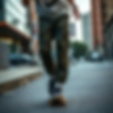 Skateboarder wearing Nike SB Camo Cargo Pants in an urban setting