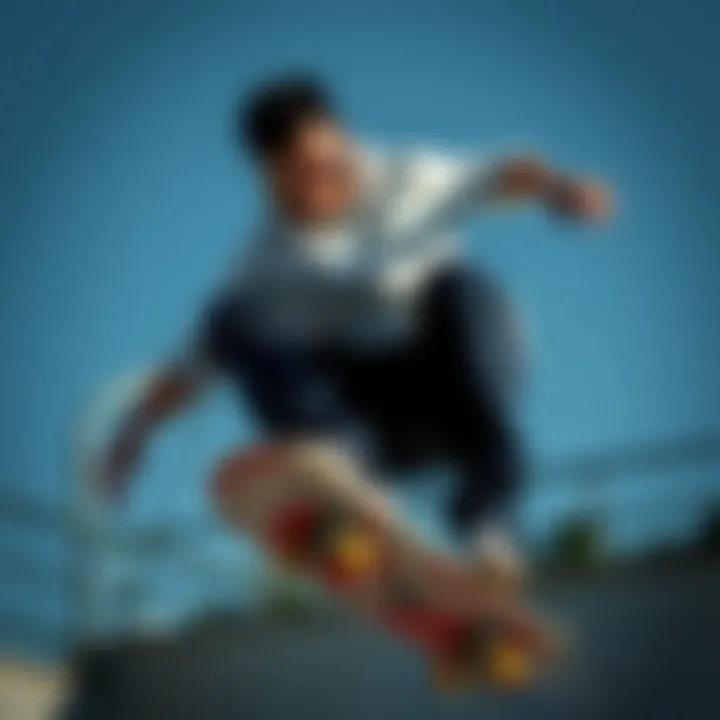 Skateboarder performing a trick while wearing Oakley sunglasses.