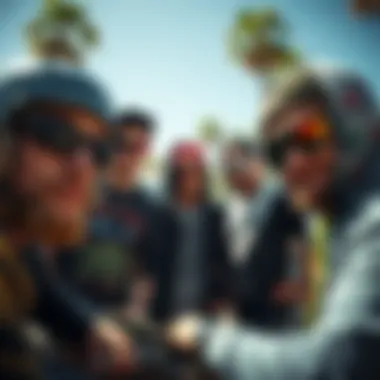 A group of skateboarders hanging out, all wearing Oakley sunglasses.