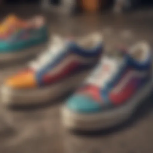 Close-up view of old skool platform shoes with vibrant colors and textures.