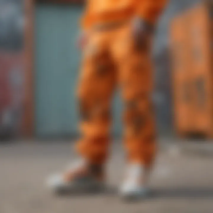 Cultural symbols and graffiti art representing skate culture alongside orange camo cargo pants