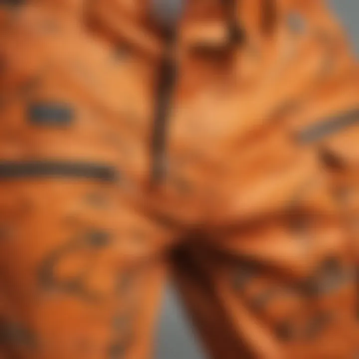 Detailed close-up of orange camo cargo pants highlighting fabric and design