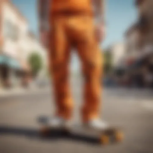 Dynamic urban scene showcasing skateboarders in orange camo cargo pants