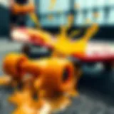 Orange Juice Splash on Skateboard A vibrant skateboard deck with orange juice splashes