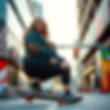 Stylish plus size skater outfit on a vibrant urban backdrop