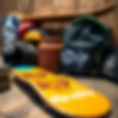 Cultural Significance of RipNDip Slides A stylish display of RipNDip slides next to skateboard gear emphasizing their cultural significance.