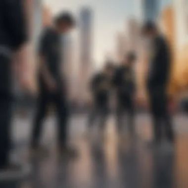 Group of skaters embracing Adidas Black Gold shoes in a vibrant setting