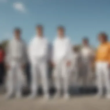 A group of diverse skateboarders gathered at a skate park, showcasing their unique style and white Adidas tracksuit pants