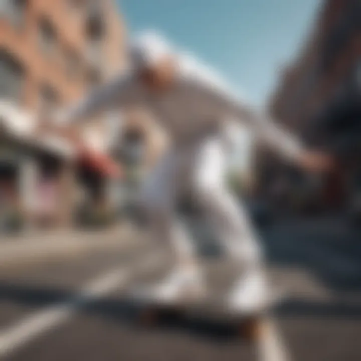 A skateboarder performing tricks in a vibrant urban setting while wearing white Adidas tracksuit pants