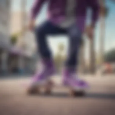 A skateboarder performing tricks while wearing purple Vans hi tops in an urban setting.