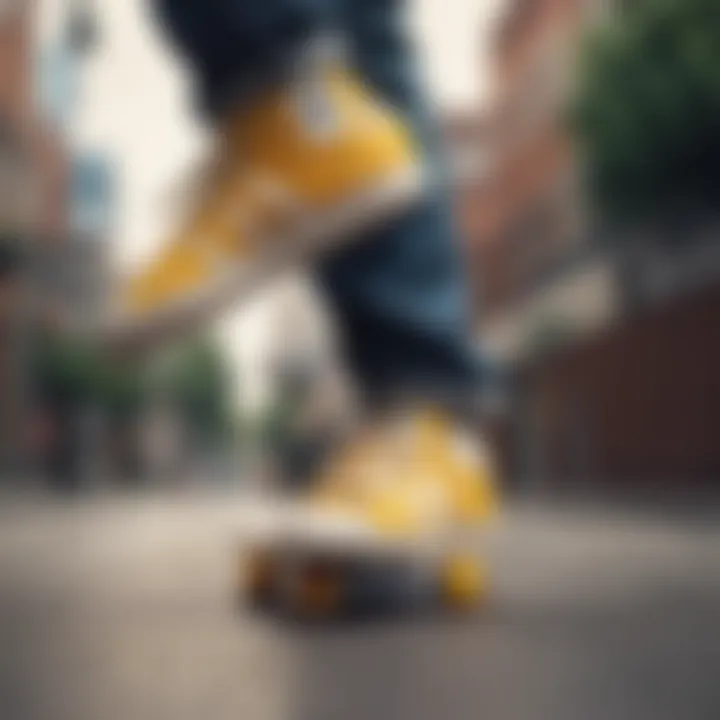 A skateboarder performing a trick while wearing yellow and white shell toe Adidas shoes.