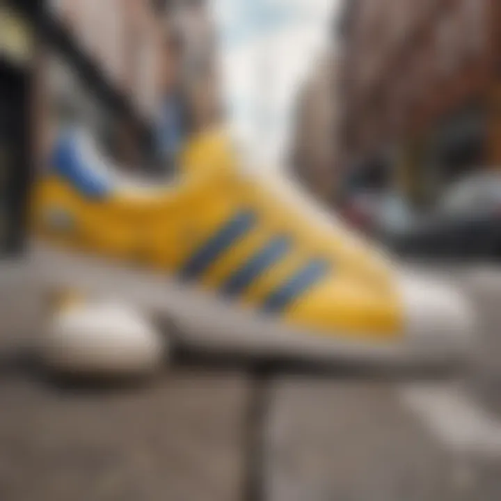 A side-by-side comparison of yellow and white shell toe Adidas shoes with street art in the background.