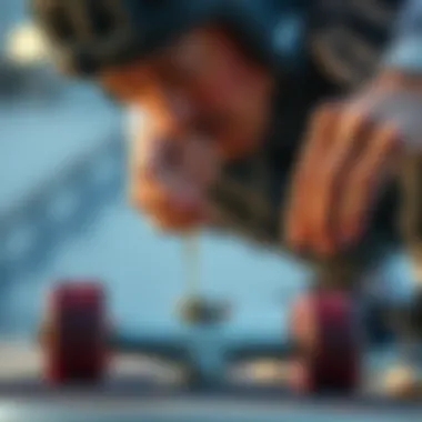 Precision in Oil Application A skateboarder applying oil to bearings with precision