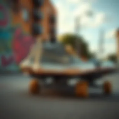 Skate Shoes in Their Element Skate shoes on a skateboard with a vibrant urban backdrop