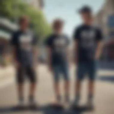 A group of skateboarders wearing stylish t-shirts in an urban setting