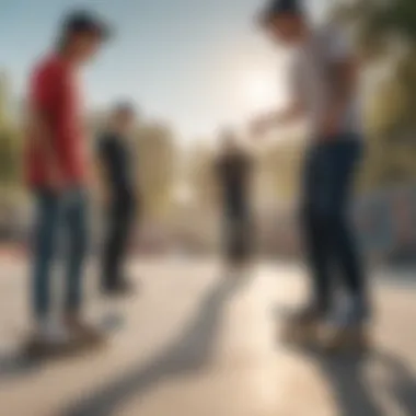 Skaters engaging in discussion at a skate park