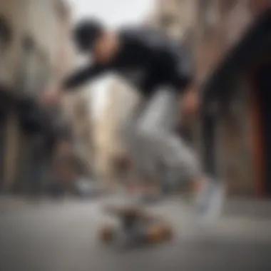 Skateboarder wearing Adidas snap pants performing a trick in an urban setting