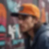 A stylish street wear cap displayed on a vibrant graffiti wall