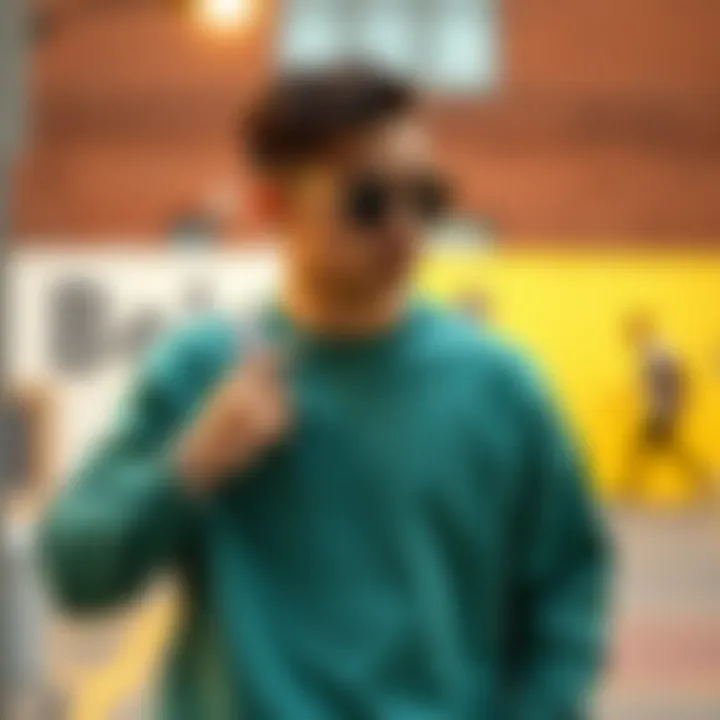 Fashion-forward individual styling a teal crew neck sweatshirt