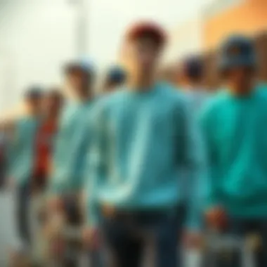 Group of skateboarders wearing teal crew neck sweatshirts