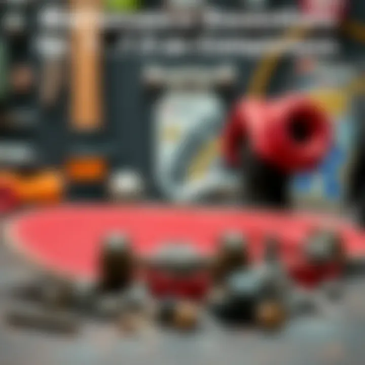 Maintenance Essentials for 7.75 Skateboard Completes Maintenance tips displayed with tools and skateboard parts