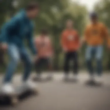 Group of friends enjoying skateboarding while wearing adidas sweters