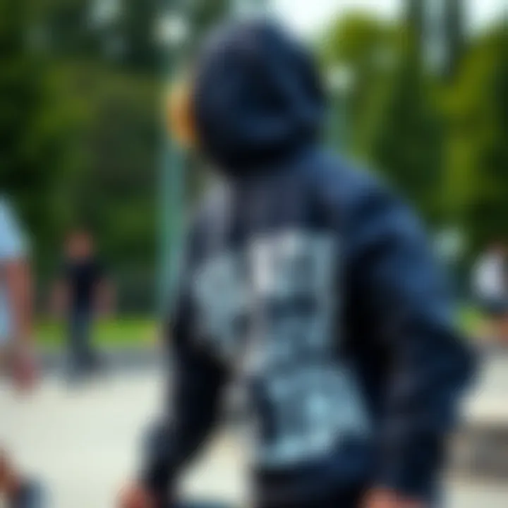 Skateboarder in Action with Textual Hoodie Skateboarder wearing a hoodie with bold text during a park session