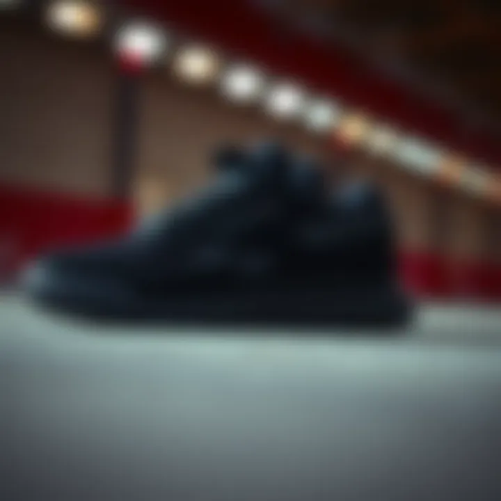 Close-up view of the Reebok all black skate shoe showcasing its sleek design.