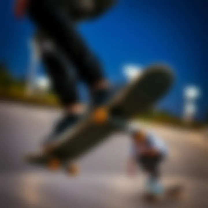 Skateboarder performing tricks while wearing Reebok all black skate shoes.