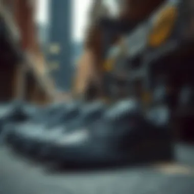 A collection of Reebok all black skate shoes displayed in an urban setting.