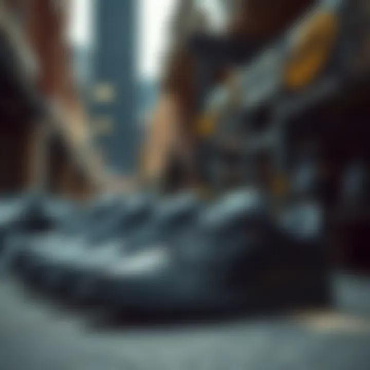 A collection of Reebok all black skate shoes displayed in an urban setting.