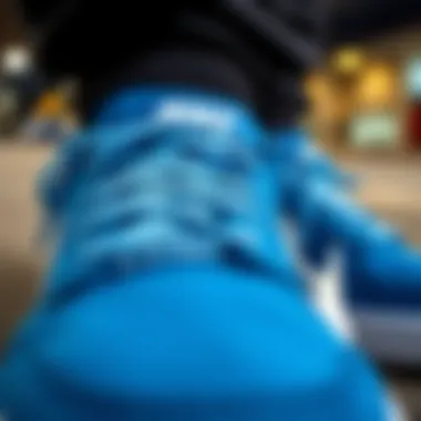 A close-up view of blue Nike skate shoes showcasing their design