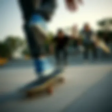 A group of skateboarders wearing blue Nike shoes while performing tricks