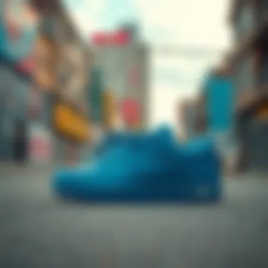 An artistic shot of blue Nikes against a vibrant urban backdrop