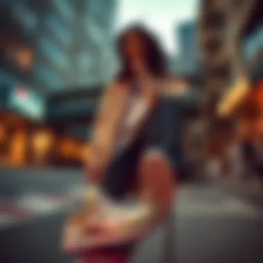 Urban Fashion with Fila Metallic Sneakers A stylish individual showcasing Fila metallic sneakers in urban environment