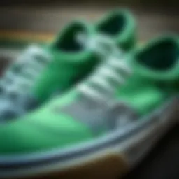 A close-up view of green vans showcasing intricate designs and textures