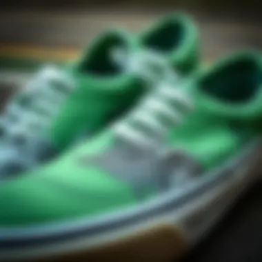 A close-up view of green vans showcasing intricate designs and textures