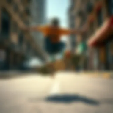 A skateboarder wearing green vans performing a trick on a vibrant urban street