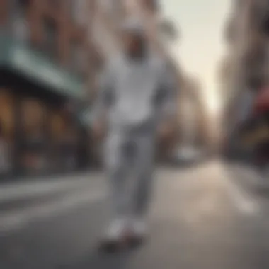 A casual skateboarding scene with grey Adidas sweats blending into an urban environment, emphasizing lifestyle.