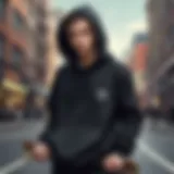 Stylish black hoodie worn by a skater in an urban setting