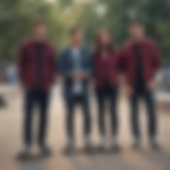 Group of friends wearing flannel shirts at a local skate park