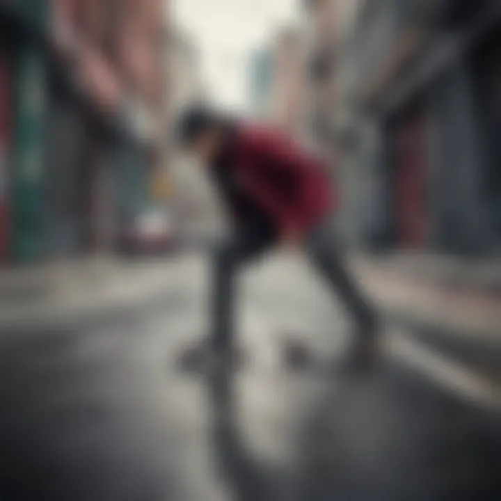 Skater showcasing a red and black flannel in an urban setting