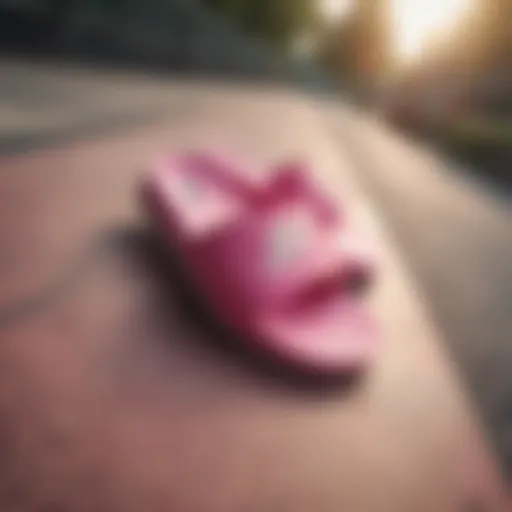 Close-up of pink Nike sliders on skateboard deck