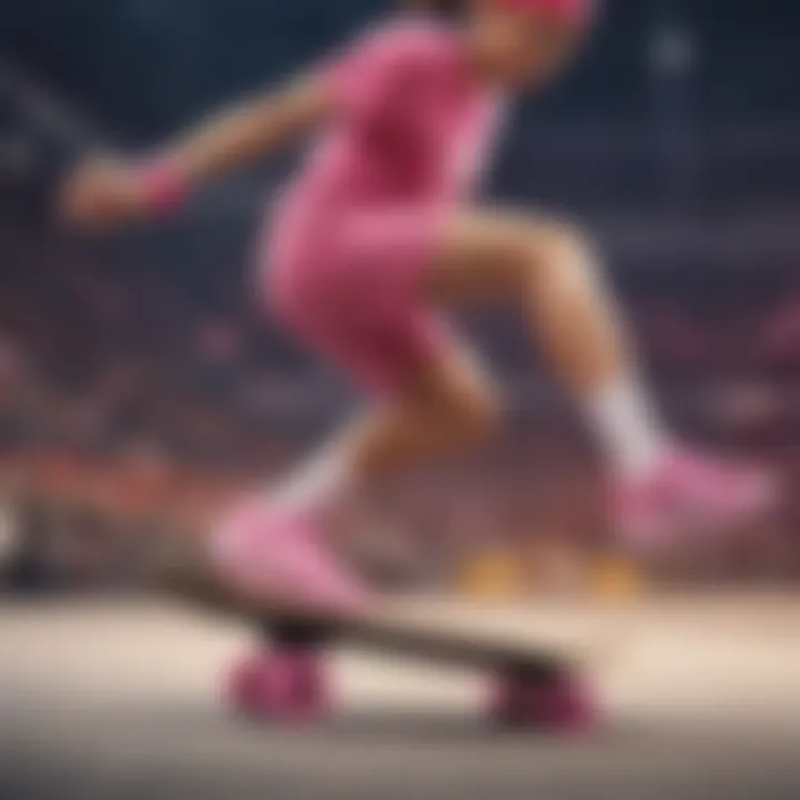 Skater performing trick wearing pink Nike sliders