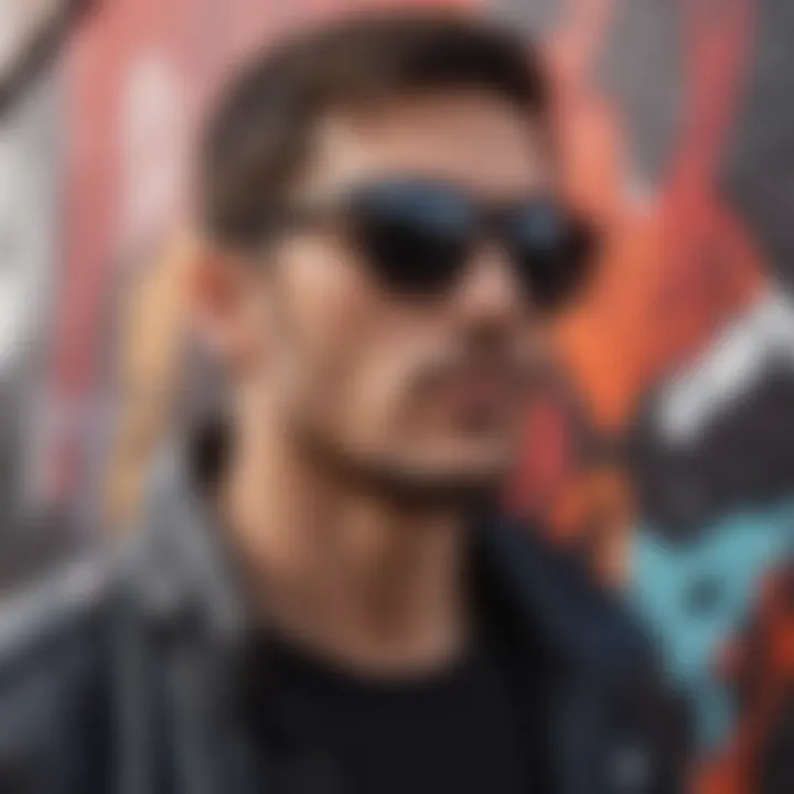 Artistic representation of round black sunglasses against a vibrant graffiti background