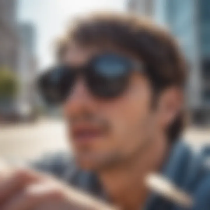 Group of skateboarders wearing round black sunglasses during a sunny day