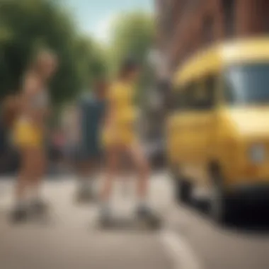 Group of skateboarders in a vibrant urban environment with yellow Vans shorts